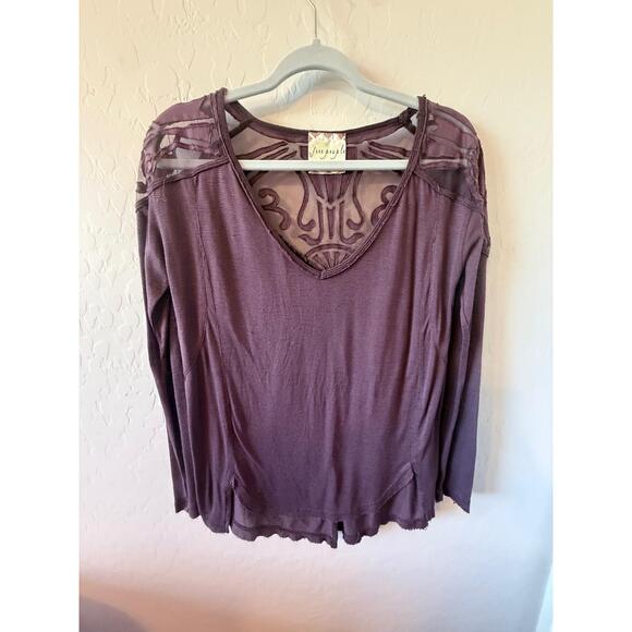 Free People Tops - Free People Blouse Womens XS Purple Mesh‎ VNeck Long Sleeve Boho Sheer Chic